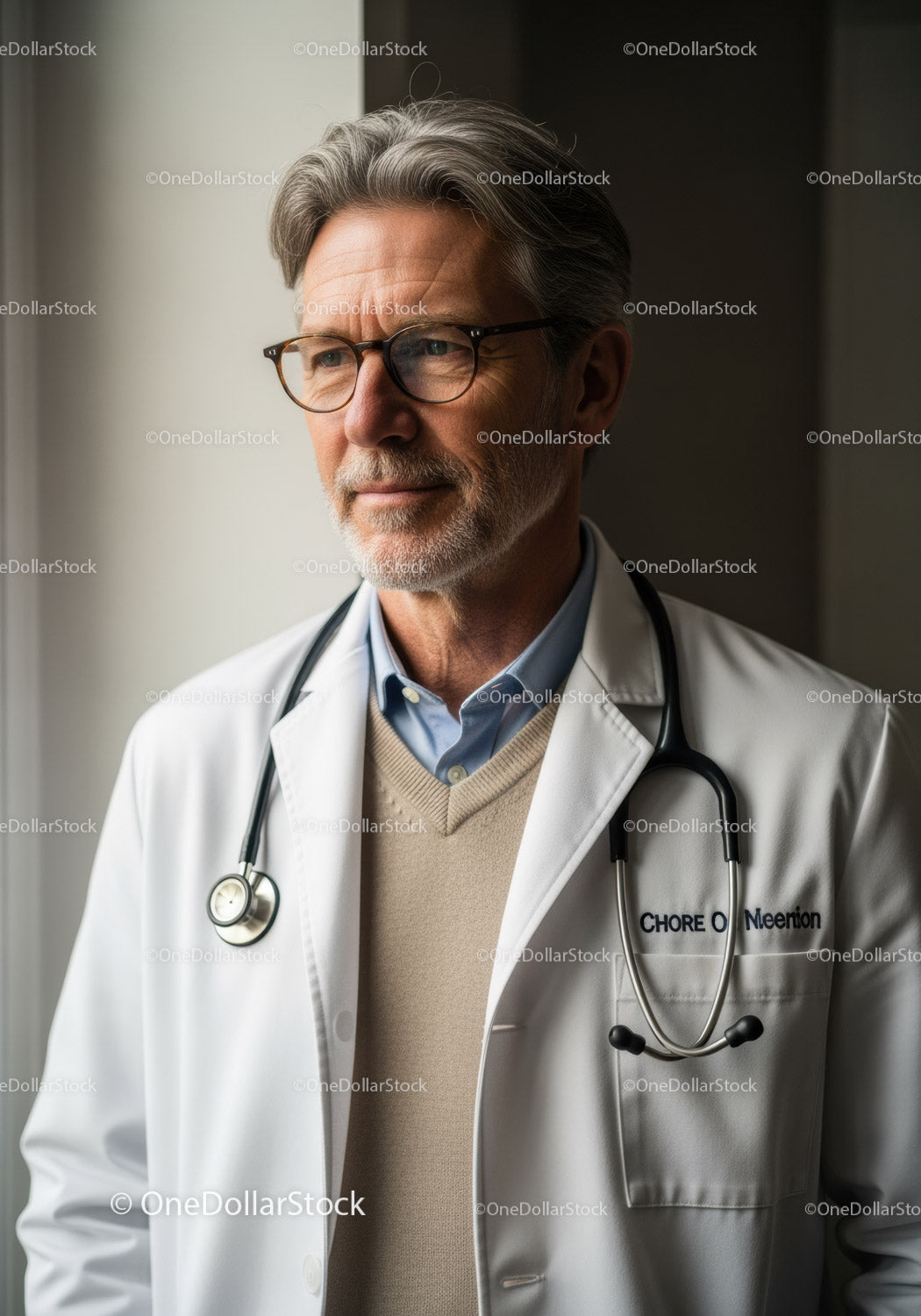 Elderly Male Doctor with Stethoscope and Glasses in Medical Office