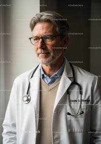 Elderly Male Doctor with Stethoscope and Glasses in Medical Office