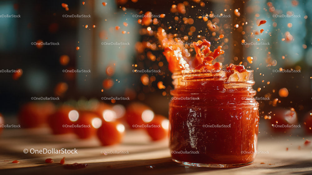 Close-Up of Strawberry Jam Splashing into a Glass Jar