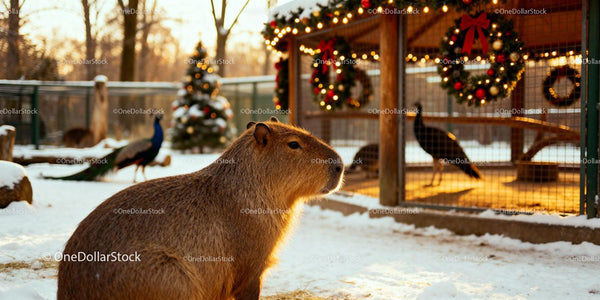 Capybara and peacocks in festive winter enclosure