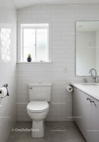 Bright Modern Bathroom with White Tiles and Frosted Window