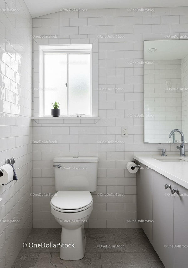 Bright Modern Bathroom with White Tiles and Frosted Window