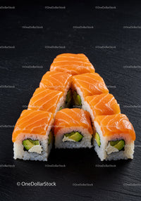 Fresh Salmon Sushi Rolls Arranged in Triangle Shape