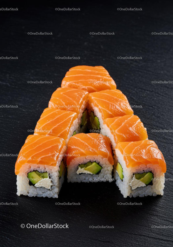 Świeże rolki sushi z łososiem ułożone w kształt trójkąta