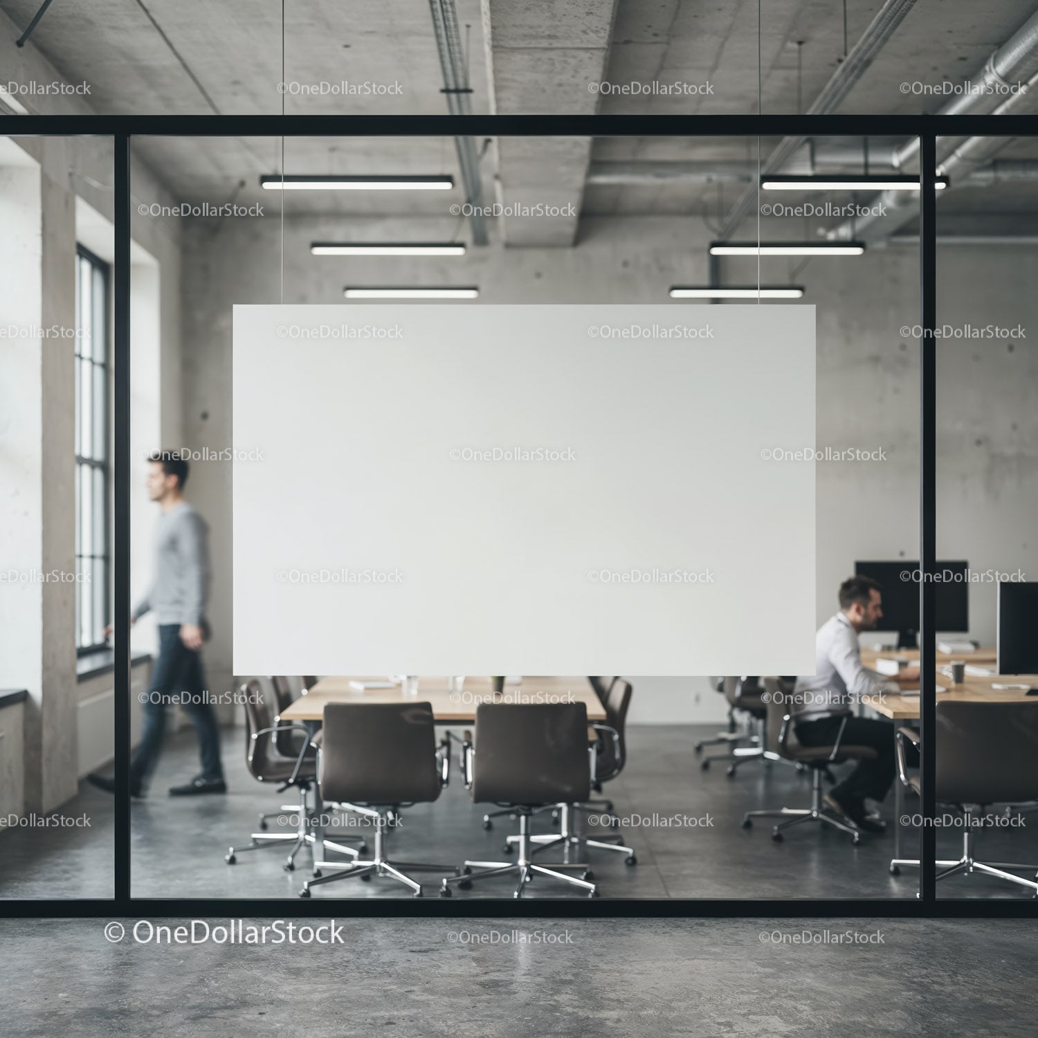 Modern office meeting room with glass walls and seating