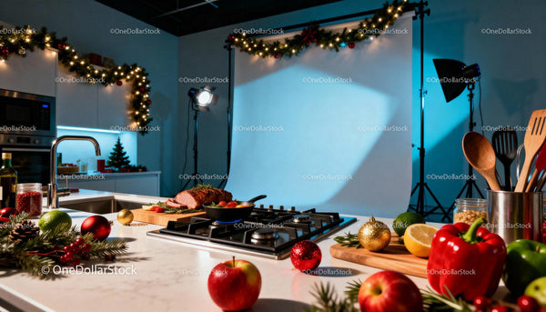 Festive kitchen setup with fresh ingredients and lighting studio