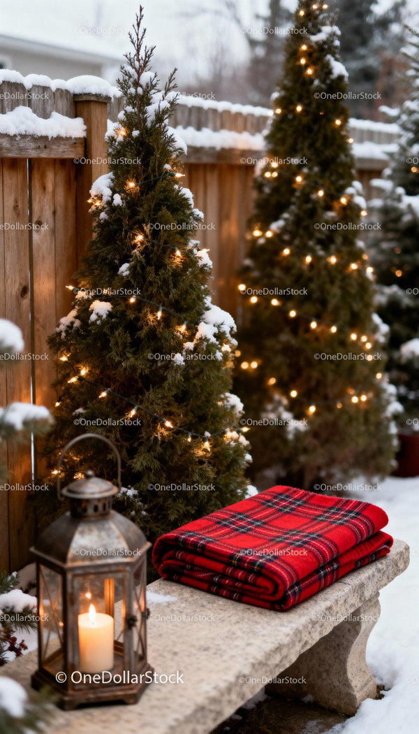 Winter garden scene with cozy lantern and blankets