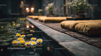 Relaxing Spa Scene with Towels Flowers and Calm Water for Wellness