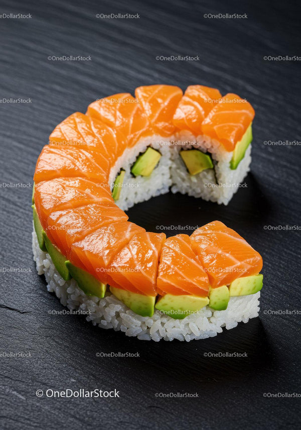 Fresh salmon and avocado sushi roll on black slate