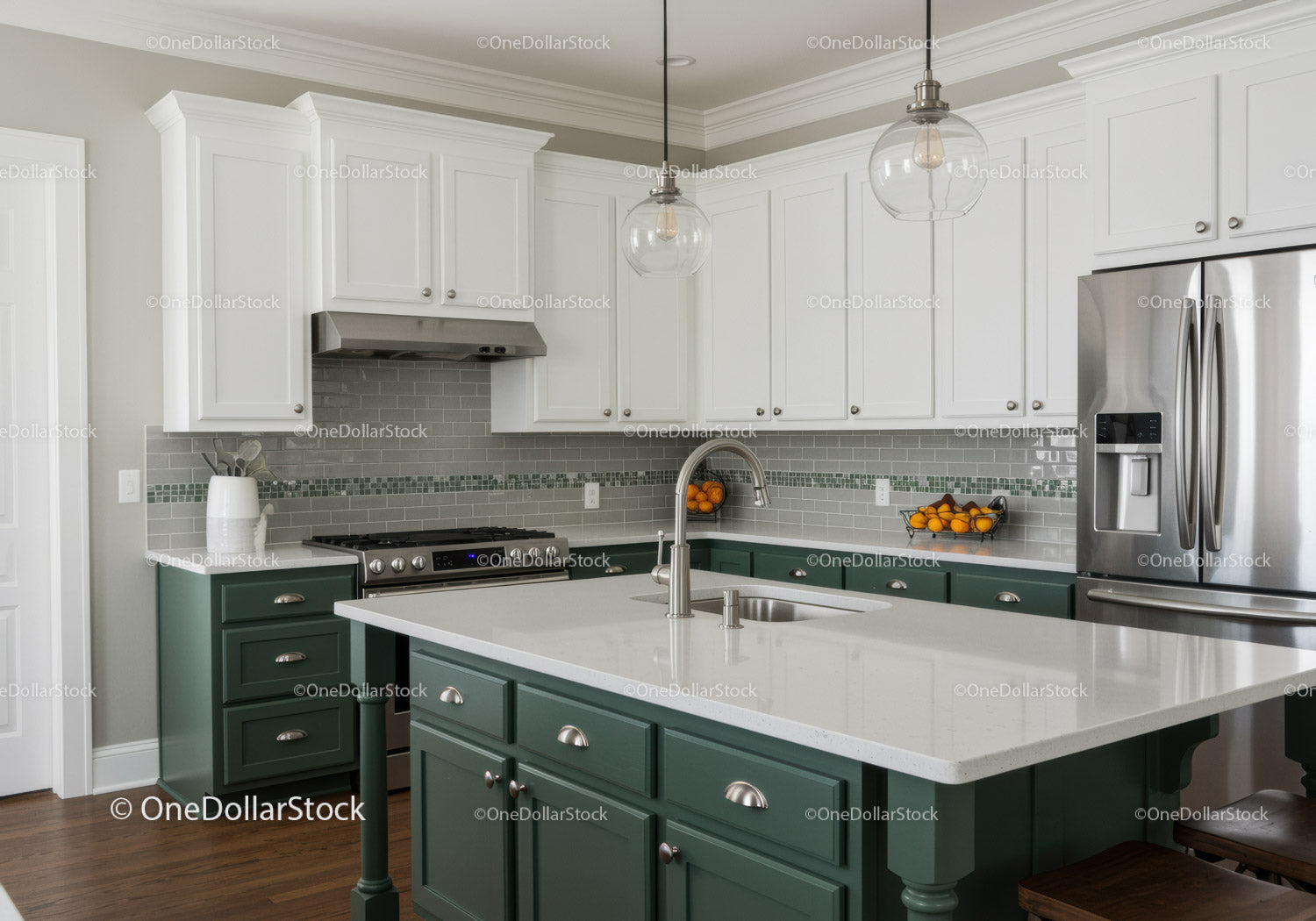 Modern Kitchen with White Cabinets and Green Island