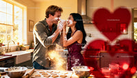 Couple Playfully Baking Heart Shaped Cookies at Home