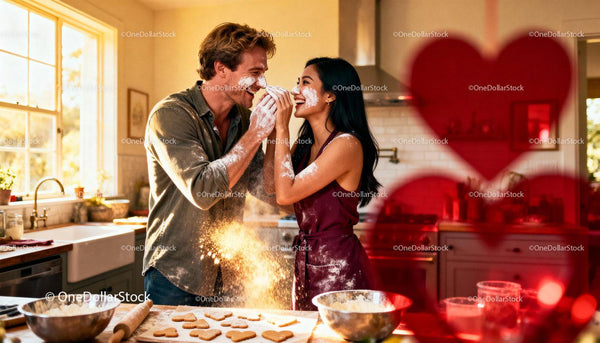 Couple Playfully Baking Heart Shaped Cookies at Home