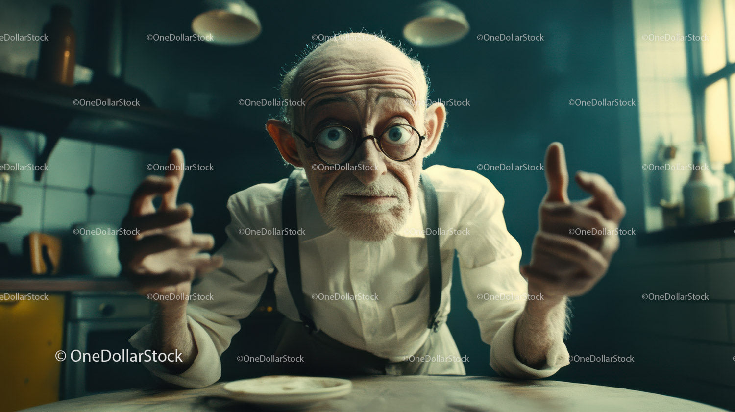 Elderly Man with Quirky Expression in Bright Indoor Kitchen
