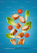 Sesame Chicken Pieces with Fresh Lettuce and Cherry Tomatoes