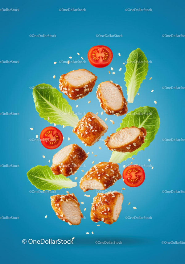 Sesame Chicken Pieces with Fresh Lettuce and Cherry Tomatoes