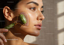 Close-up of Young Woman Using Jade Roller for Facial Massage