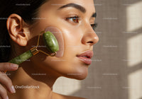 Close-up of Young Woman Using Jade Roller for Facial Massage