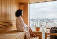 Relaxing Woman Sitting in Sauna with Scenic City View