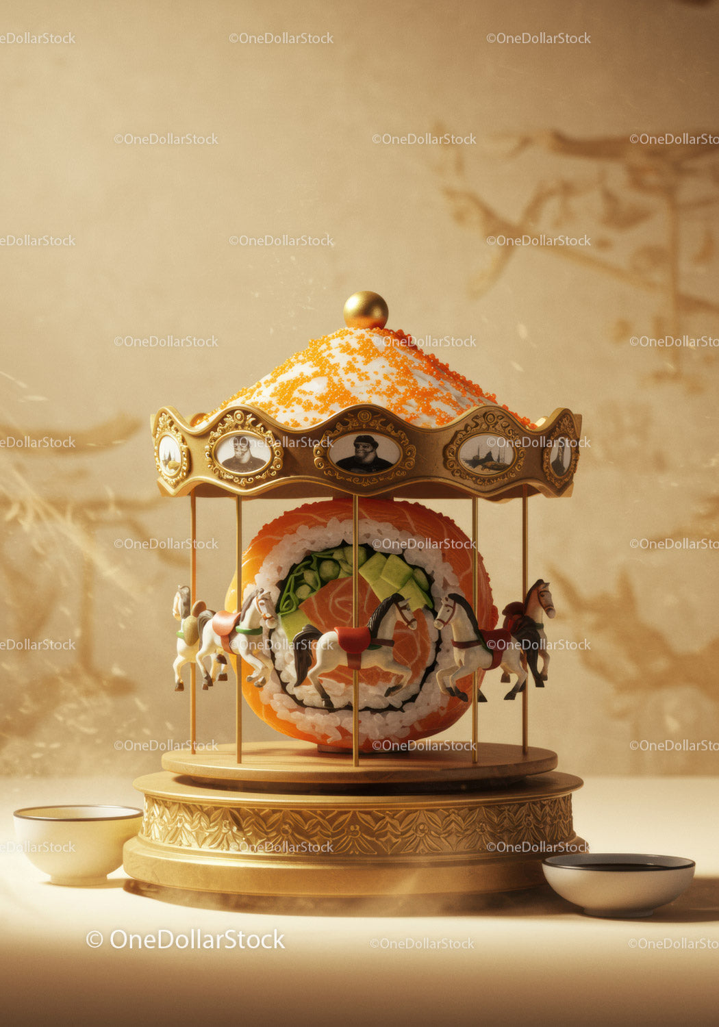 Golden Carousel Featuring Detailed Sushi Roll Display
