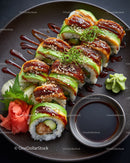 Fresh Sushi Rolls with Avocado and Eel on Black Plate