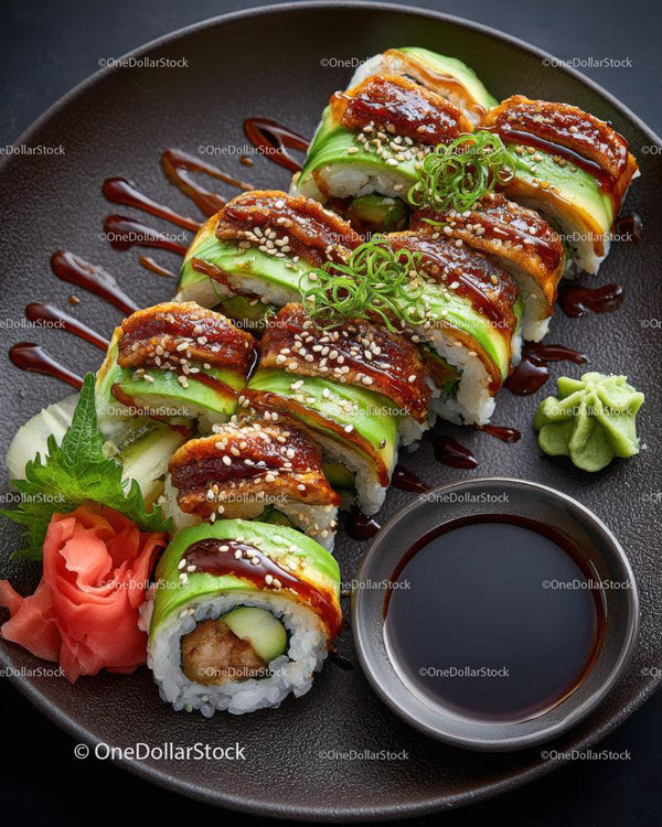 Świeże rolki sushi z awokado i węgorzem na czarnym talerzu