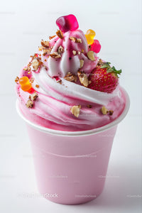 Pink Strawberry Soft Serve Ice Cream with Nuts and Gummy Bears