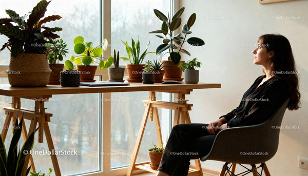Calm woman sitting by plant-filled workspace window