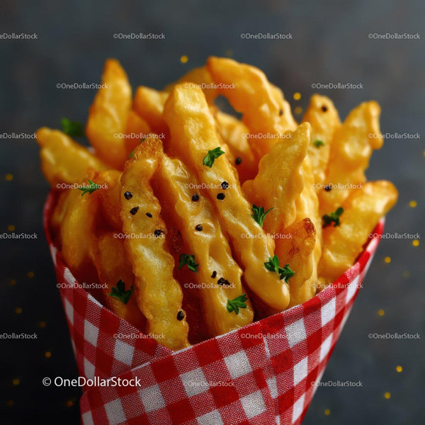 Golden French Fries in Red Checkered Paper Cone for Snacking