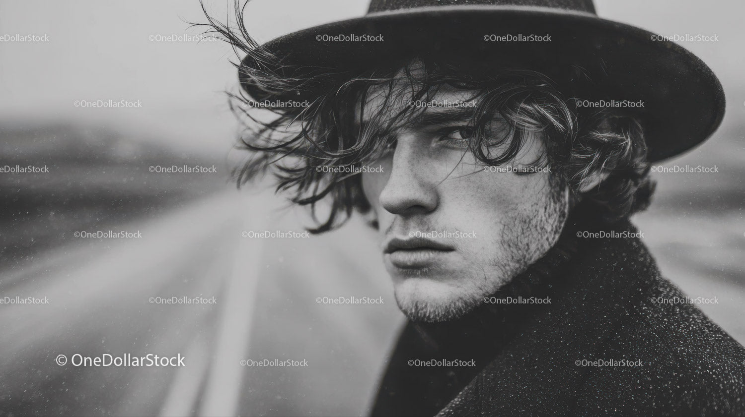 Young Man in Black Hat with Curly Hair in Rainy Urban Scene