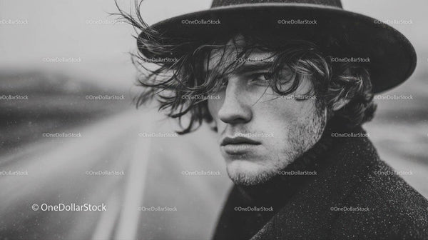 Young Man in Black Hat with Curly Hair in Rainy Urban Scene