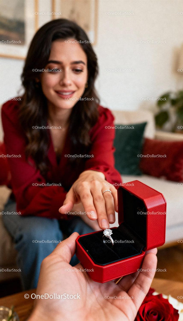 Woman joyfully receives diamond engagement ring gift