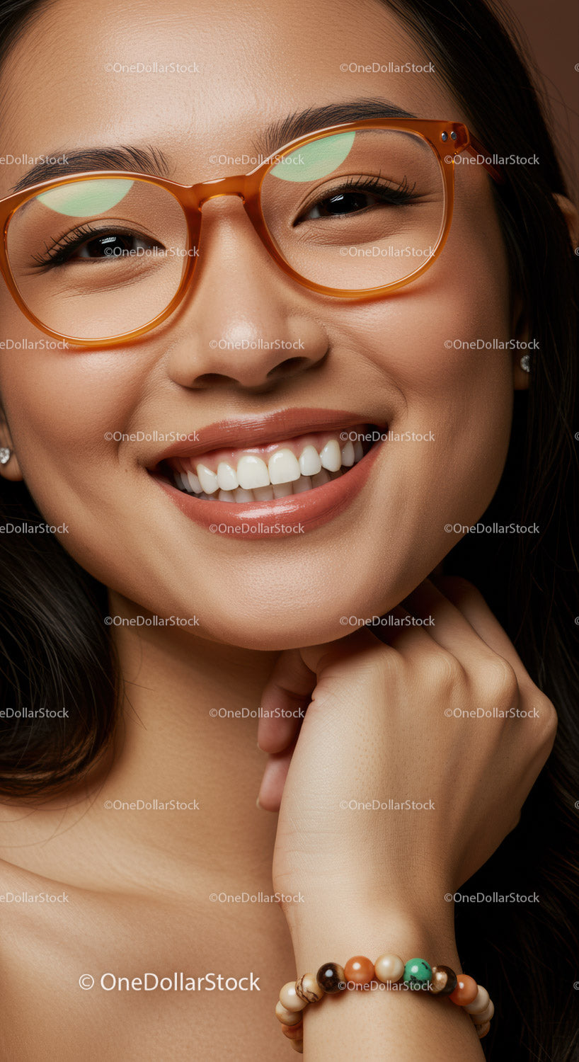 Portret uśmiechniętej kobiety w okularach i bransoletce z bliska
