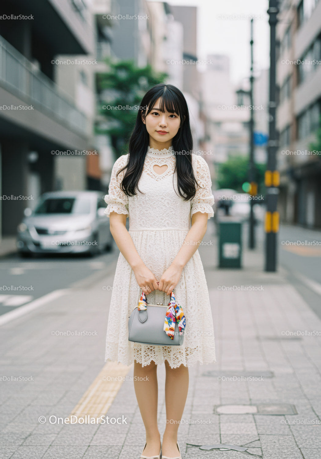 Elegant Young Woman in White Lace Dress Standing on City Sidewalk