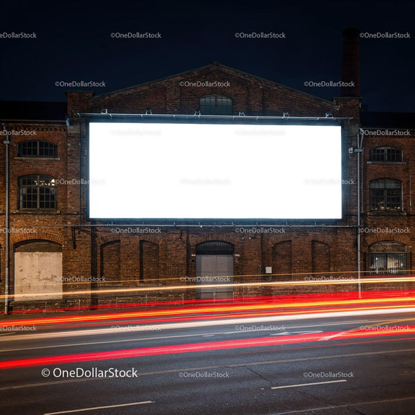 Empty illuminated billboard on old industrial building at night JPG Mockup Image