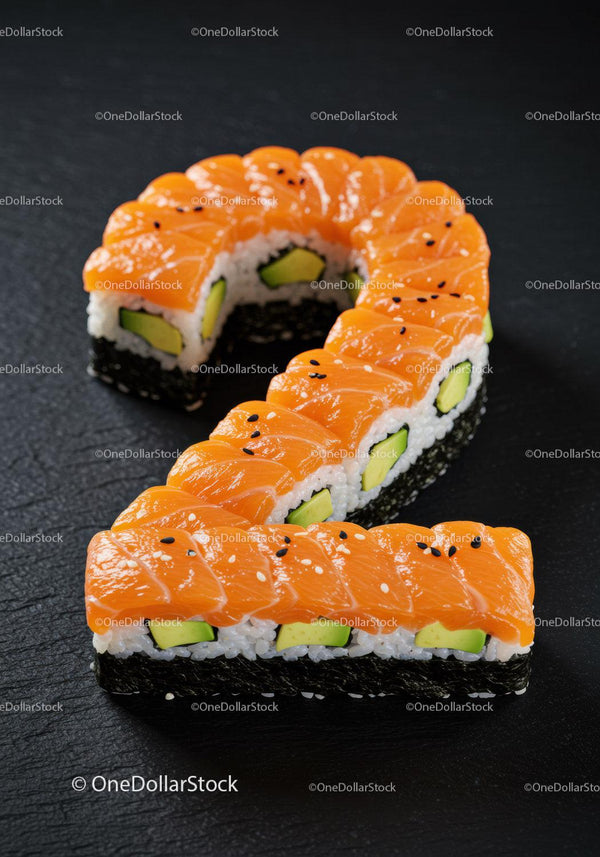 Sushi w kształcie cyfry dwa z świeżym łososiem i awokado