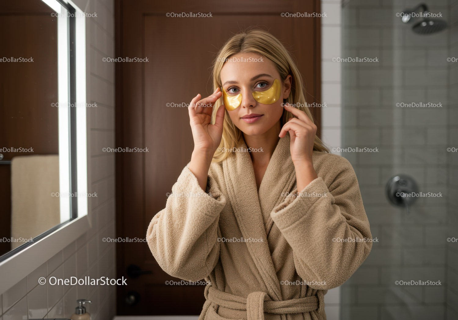 Young woman applying facial under eye masks in bathroom