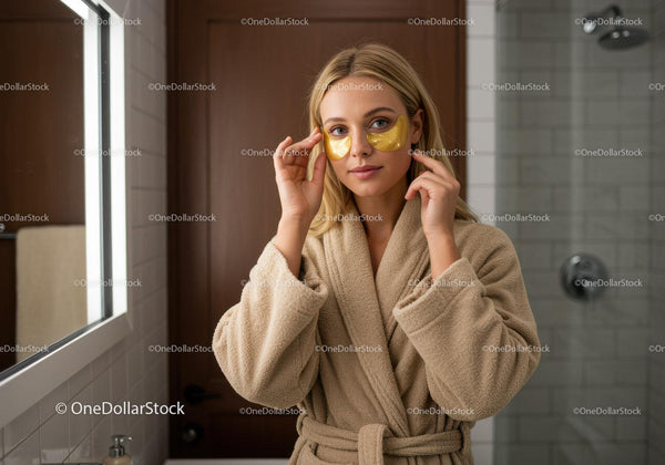 Young woman applying facial under eye masks in bathroom