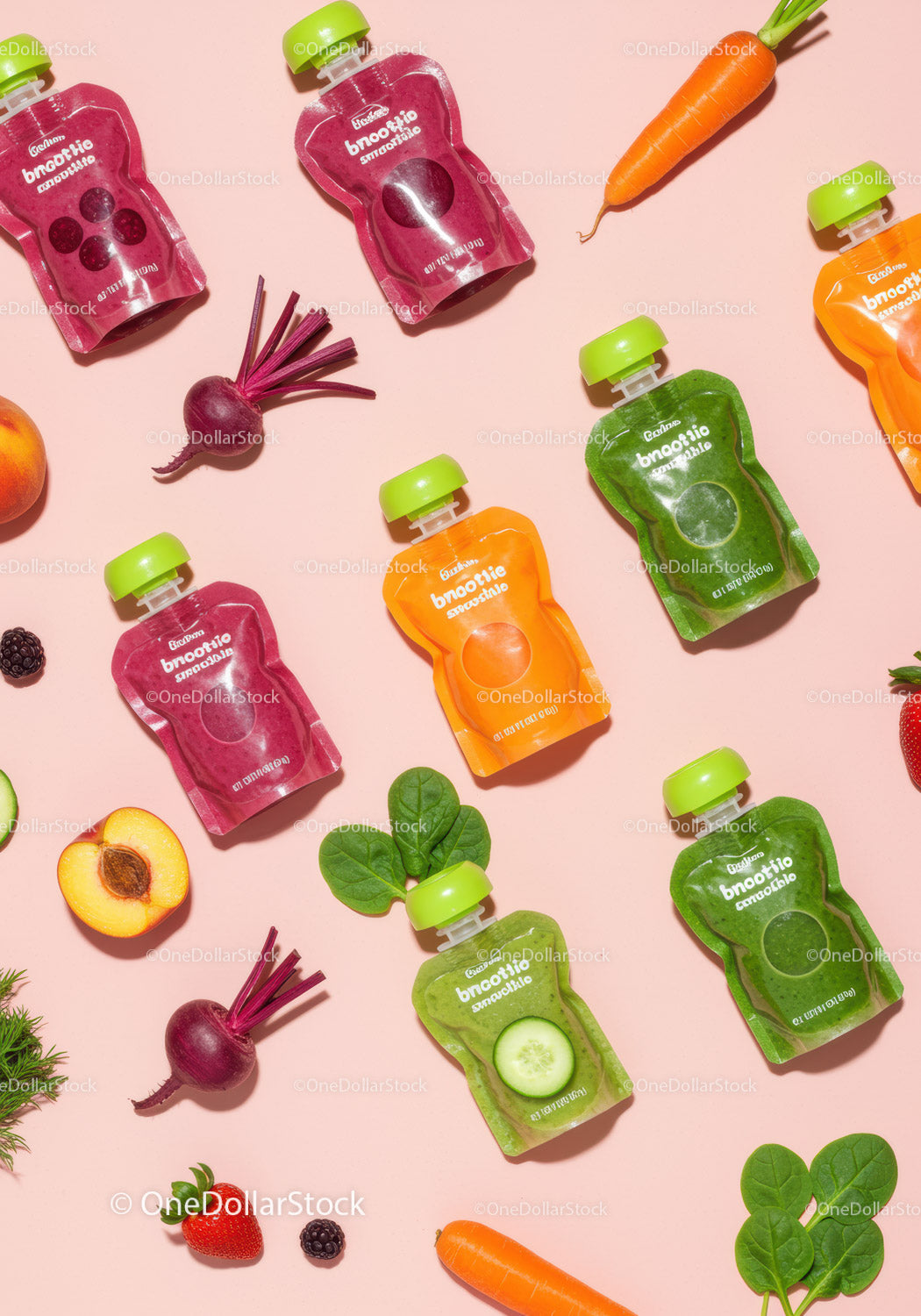 Colorful healthy vegetable and fruit smoothie packs
