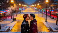 Couple sharing a tender kiss on snowy city street