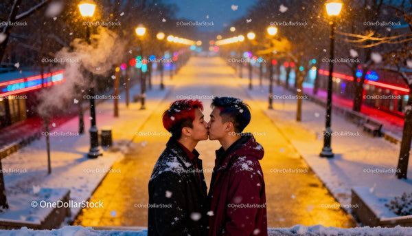 Couple sharing a tender kiss on snowy city street