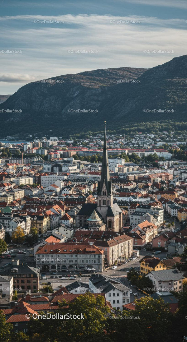 Scenic Cityscape with Church and Mountain Backdrop in Clear Day