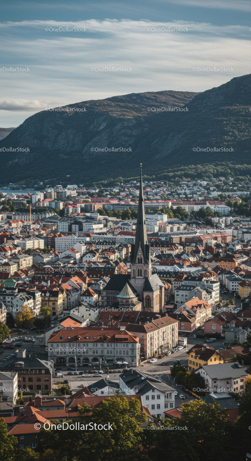 Scenic Cityscape with Church and Mountain Backdrop in Clear Day