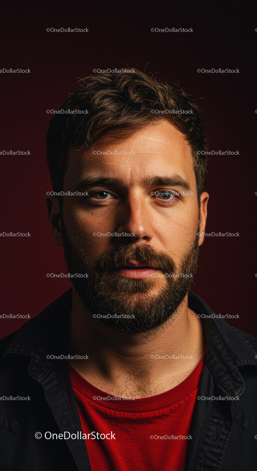 Thoughtful man with beard in moody red lighting