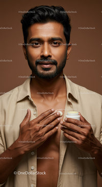 Portrait of a Man Applying Skin Care Cream with Open Shirt in Warm Lighting