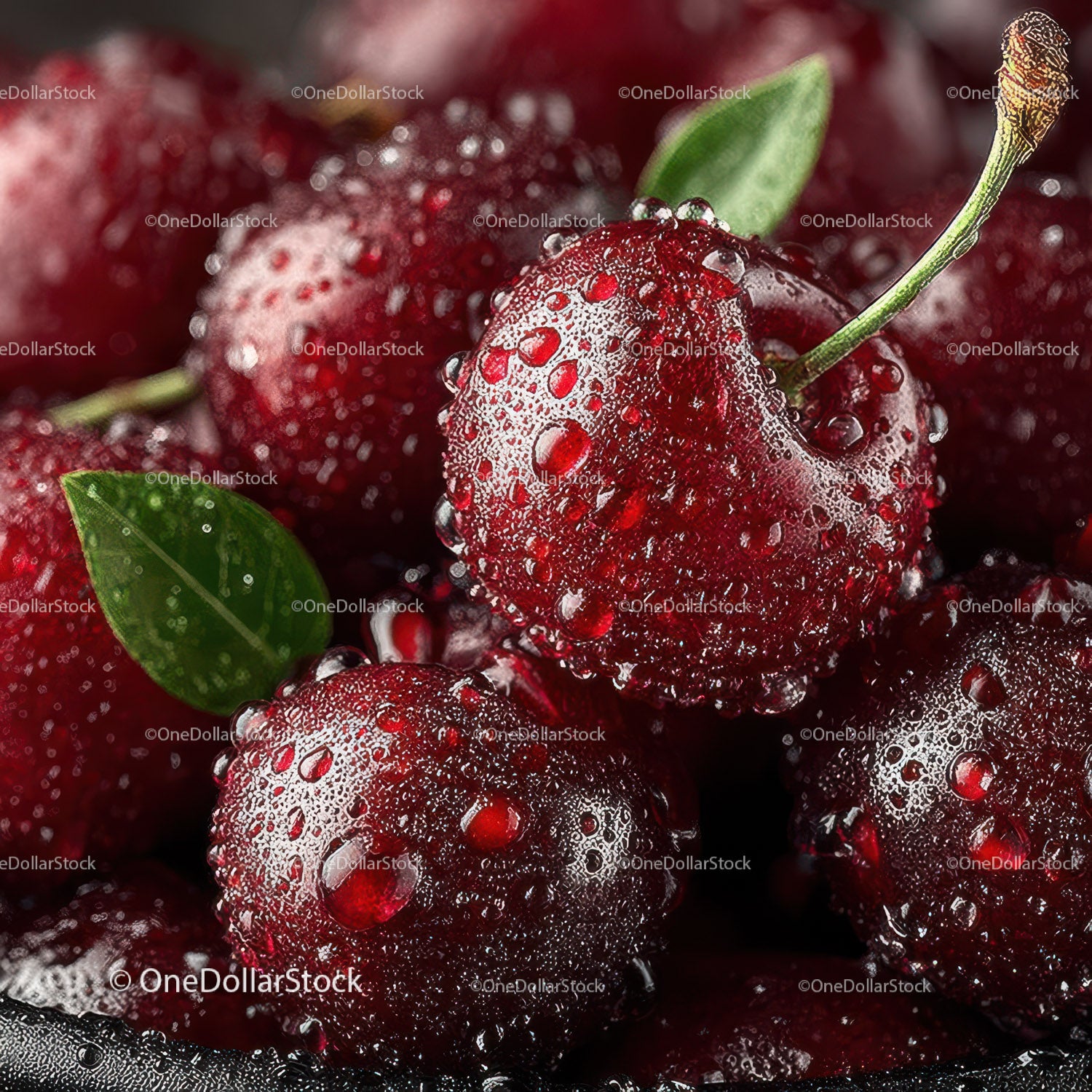 Juicy Dewy Red Cherries with Water Droplets in Close-Up