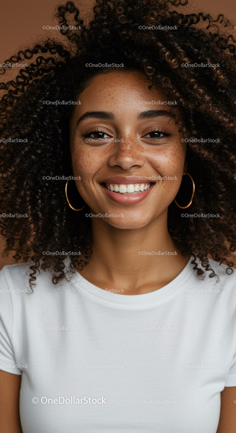 Smiling Woman with Curly Hair and Freckles in Casual Wear