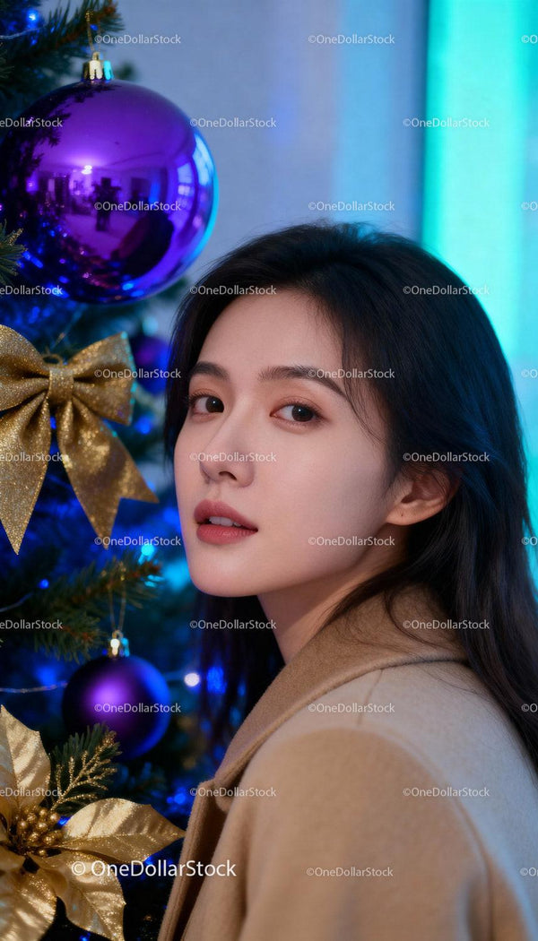 Young Woman Near Christmas Tree with Festive Decorations