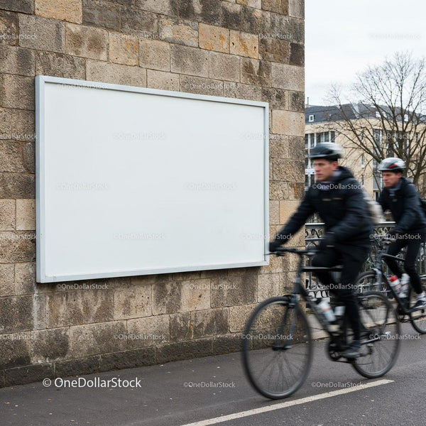 Cyclists passing by empty outdoor billboard on stone wall JPG Mockup Image