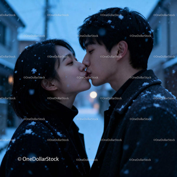 Tender Winter Kiss Between Young Couple Outdoors