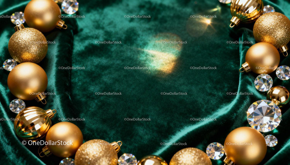 Golden Christmas ornaments on emerald velvet fabric
